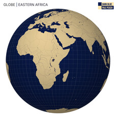 Vector Globe centered to Eastern Africa. Dark Blue Pale Peach palette. World map with meridians, parallels, countries, rivers and lakes. Awesome vector illustration.