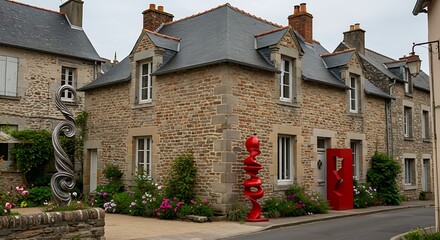 Exterior of a classic house located in a French coastal town, featuring charming brickwork with modern abstract sculptures.   Elegant and Timeless Style