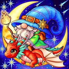A charming illustration of a gnome wizard riding a cute dragon across the night sky, filled with stars and magic.