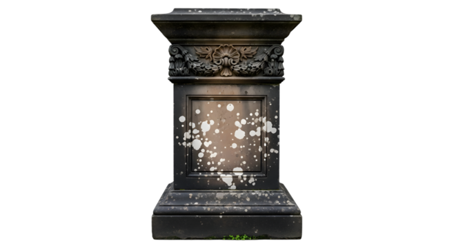 A weathered, dark stone pedestal with ornate carvings and lichen spots, isolated on transparent background