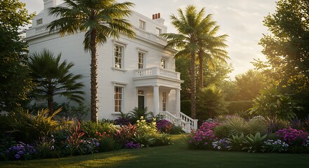Obraz premium Exterior of a elegant house located in an upscale London neighborhood, featuring whitewashed exteriors with tropical landscaping. Modern Luxury Real Estate
