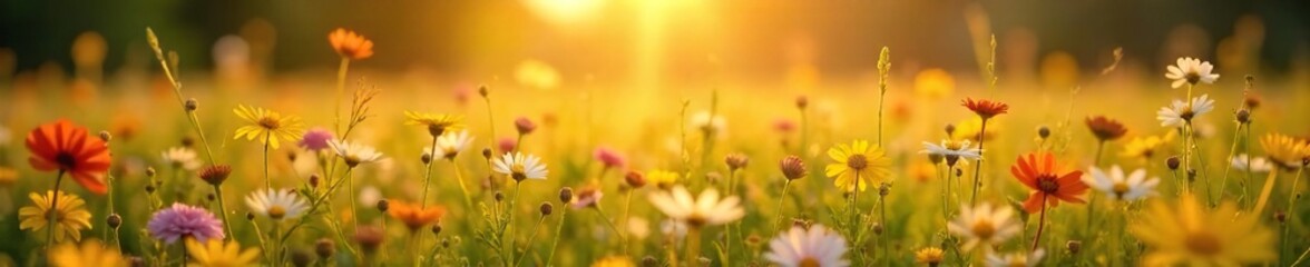 Fototapeta premium Golden hour sunlight bathes a vibrant summer field, wildflowers swaying gently in the warm breeze Perfect for themes of nature, tranquility, and the beauty of summer , environment, day