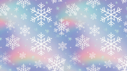 A magical seamless pattern of white snowflakes on a soft, ethereal pastel gradient background, perfect for a winter or holiday design