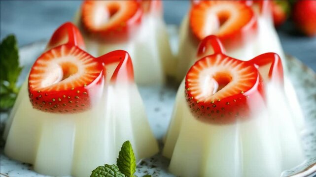 Cubed strawberries in molded jello shots, garnished with mint leaves.