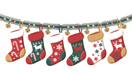 Christmas stockings hanging on a garland with bells, evoking holiday cheer.