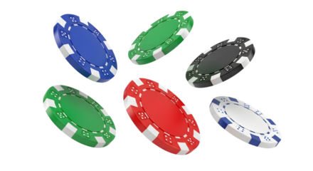 A collection of colorful poker chips in blue, green, red, black, and white, scattered and isolated on a transparent background