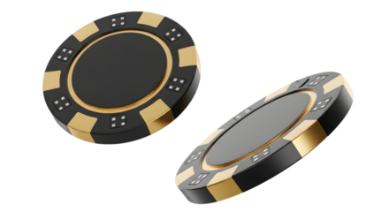 Two luxurious black and gold casino poker chips, one flat and one angled, isolated on a transparent background