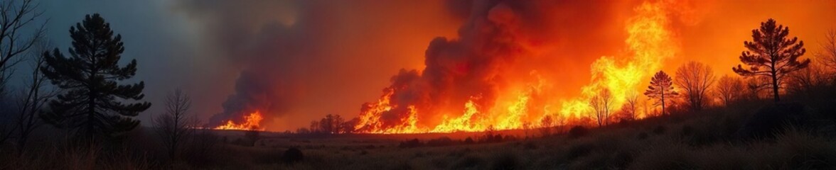 Fierce wildfire raging through a dry forest, consuming trees and underbrush, billowing smoke into the sky Flames leap high, a destructive scene of nature's raw power , blaze, devastation