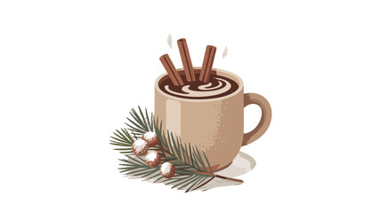 A warm and inviting cup of hot chocolate, adorned with cinnamon sticks and festive sprigs.