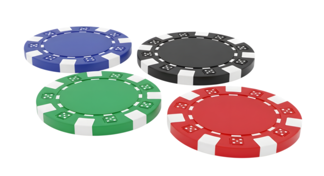 Four colorful casino poker chips in red, green, blue, and black, isolated on transparent background