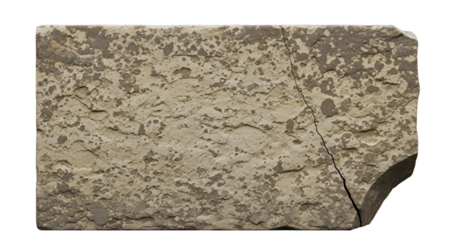 A rectangular fragment of weathered stone with a crack, isolated on transparent background