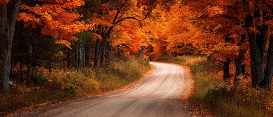 Empty dirt road curving through a woodland landscape during the peak of fall season