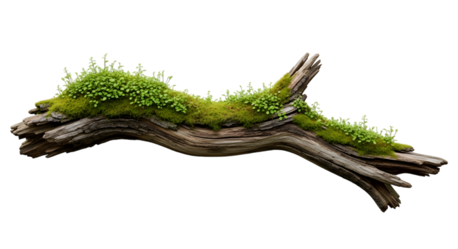 A weathered piece of driftwood covered in lush green moss and small plants, isolated on a transparent background