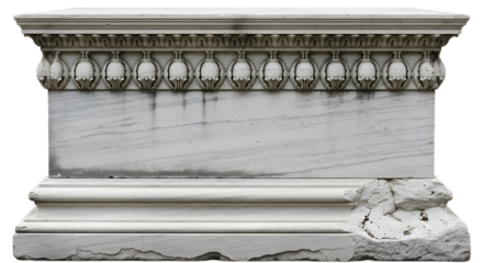 An ornate, rectangular marble pedestal with classical decorative elements and a distressed base, isolated on a transparent background