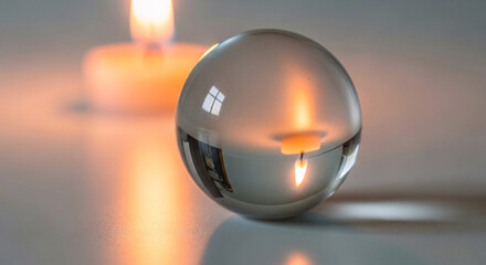 Crystal ball captures candle flame's glow, symbolizing insight and reflection for modern concepts.