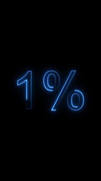Glowing blue neon number 1 percent symbol animated on black background digital graphic one percent percentage