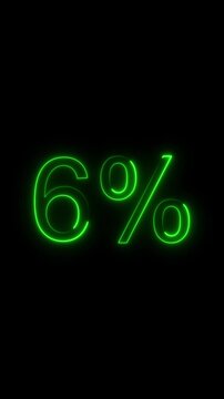 Glowing Green Neon 6 Percent Symbol Animation on Black Background Abstract Digital Number Percentage Discount Sale Offer Business Finance Growth Concept