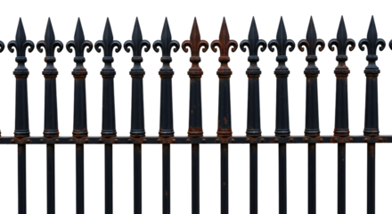 A row of black wrought iron fence posts with decorative fleurdelis finials, some showing rust, isolated on transparent background