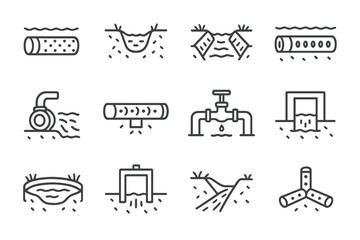 Agricultural Drainage Icon Set. Outline icon set of agricultural drainage systems: field drainage tile, open ditch, irrigation