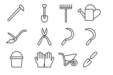 Agricultural Tools Icons. Outline icon set of agricultural tools: hoe, spade, rake, watering can, plow, shears, scythe, sickle,