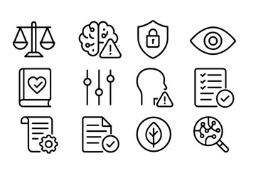 AI Ethics Icons. Outline icon set of AI ethics and governance: balanced scale, AI brain with caution sign, privacy shield,