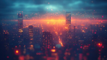 Fototapeta premium Cityscape at Sunset Glowing Lights and Skyscrapers