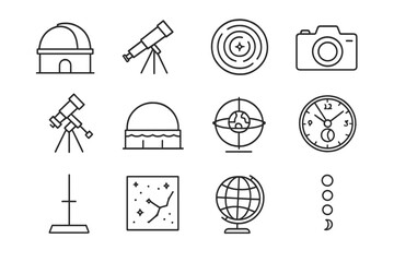 Astronomy Icon Set. Outline icon set of Astronomical observation of Earth’s spin: observatory dome, telescope, star trail diagram,