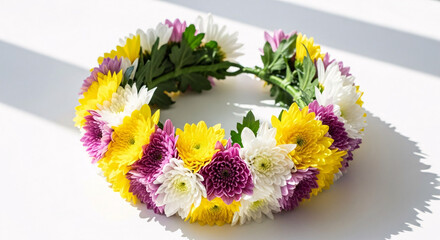 Vibrant floral lei crafted with yellow, purple, and white chrysanthemums for festive celebrations
