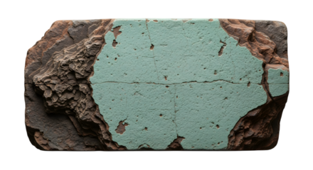 A broken piece of brick with a cracked turquoise blue surface exposed, isolated on a transparent background