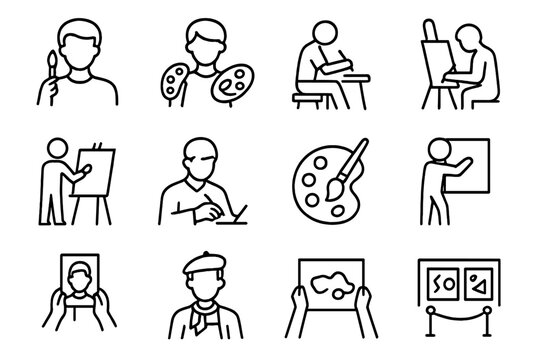 Artists Icon Set. Outline icon set of artists at work: painter with brush, artist holding palette, person seated sketching, figure