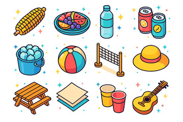 Beachside Picnic Icons. Colorful isometric vector icons set of beachside potluck essentials: grilled corn, fruit platter, bottled