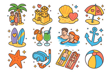 Beachside Love Icons. Colorful isometric vector icons set of beachside love adventures: couple under palm tree, sandcastle with