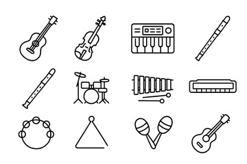Fototapeta premium Beginner Instruments Icons. Outline icon set of basic musical instruments for beginners: acoustic guitar, small violin, digital