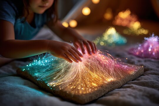 Child's hands explore a mesmerizing fiber optic light mat with vibrant colors.
