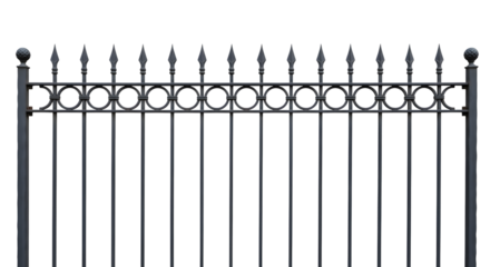 A section of a black wrought iron fence with decorative circular elements and pointed finials, isolated on transparent background