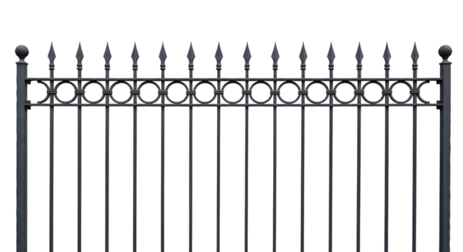 A section of a black wrought iron fence with decorative circular elements and pointed finials, isolated on transparent background