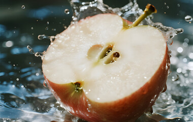 Crisp apple floating in clear water