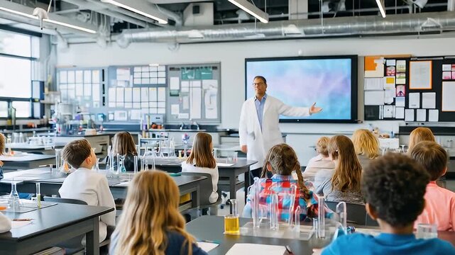 Engaging Classroom Scene with Diverse Students and Teacher in Modern Science Lab Setting