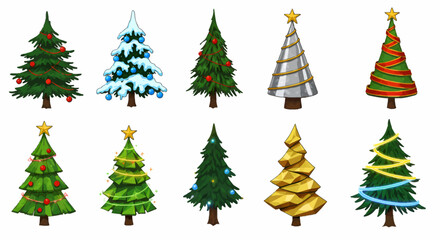 A collection of ten stylized Christmas trees, each uniquely decorated with ornaments, snow, stars, and ribbons, arranged in two rows against a white background.