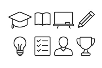 Academic Coaching Icons. Outline icon set of academic coaching: graduation cap, book, blackboard, pencil, light bulb, checklist,