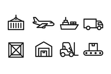 Arms Logistics Icons. Outline icon set of arms deal logistics: shipping container, cargo plane, naval ship, truck, crate,