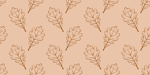 Fototapeta premium Fall season seamless outline pattern with oak leaves. Autumn line art print. Vector foliage background. 
