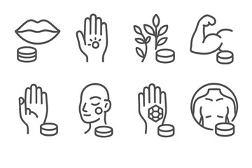 Obraz premium Balm Benefits Icons. Outline icon set of balm tin uses and benefits: lip care, skin healing, aromatherapy, muscle relief, cuticle