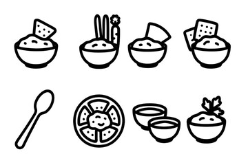 Bean Dip Icon Set. Solid, filled icon set of bean dip serving ideas: chips, sliced veggies, pita bread, crackers, spoon, party