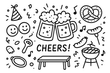 Beer Celebration Icons. Hand-drawn doodle illustration beer mugs celebration beer mug, clinking glasses, foam, bubbles, party hat,