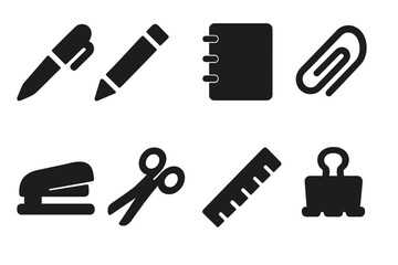 Obraz premium Black Office Icons. Solid, filled icon set of office supplies: pen, pencil, notebook, paperclip, stapler, scissors, ruler, binder