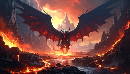 Fiery dragon in a volcanic landscape