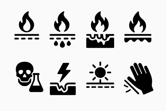Burn Types Icons. Solid, filled icon set of burn types: first-degree burn, second-degree burn, third-degree burn, thermal burn,