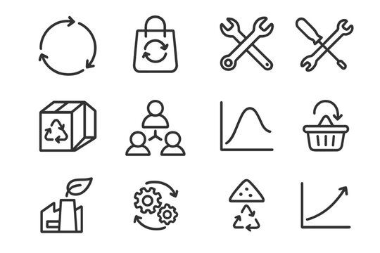 Circular Economy Icons. Outline icon set of circular economy: closed loop arrows, product reuse symbol, repair tools, refurbished