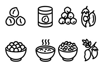 Fototapeta premium Chickpea Icon Grid. Solid, filled icon set of chickpea types: white chickpeas, canned chickpeas, dried chickpeas, fresh pods,